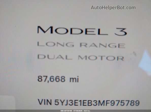 5YJ3E1EB3MF975789 2021 TESLA MODEL 3 Белый Вид задних сидений