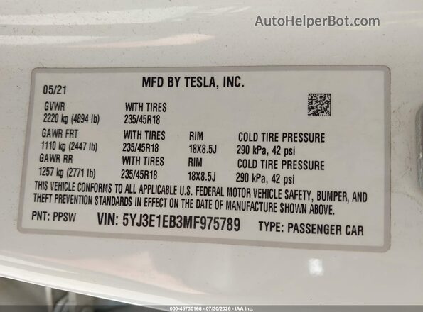 5YJ3E1EB3MF975789 2021 TESLA MODEL 3 Белый Вид подкапотного пространства