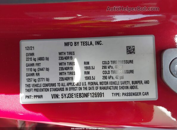 5YJ3E1EB3NF126991 2022 TESLA MODEL 3 Красный Вид подкапотного пространства