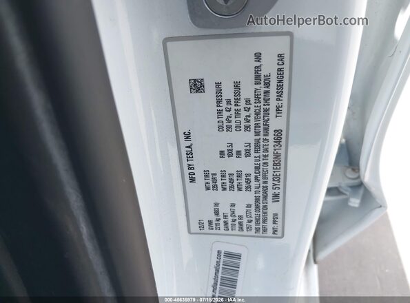 5YJ3E1EB3NF134668 2022 TESLA MODEL 3 White Вид підкапотного простору