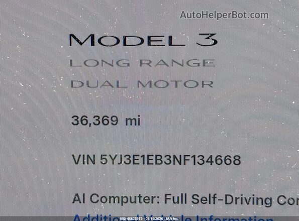 5YJ3E1EB3NF134668 2022 TESLA MODEL 3 White 