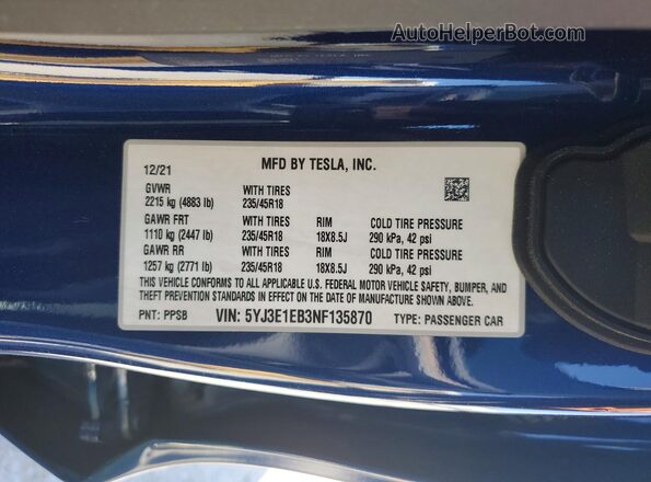 5YJ3E1EB3NF135870 2022 TESLA MODEL Blue Շարժիչի բաժամունքի տեսք