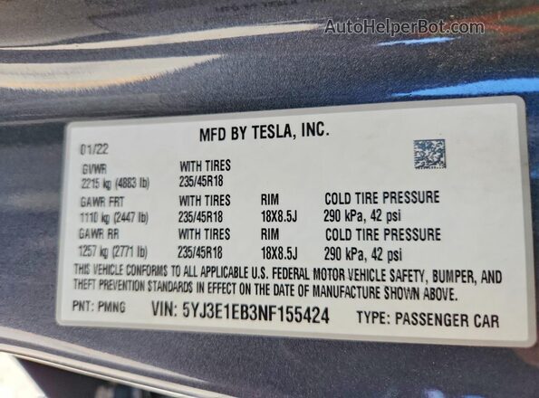 5YJ3E1EB3NF155424 2022 TESLA MODEL Charcoal Շարժիչի բաժամունքի տեսք