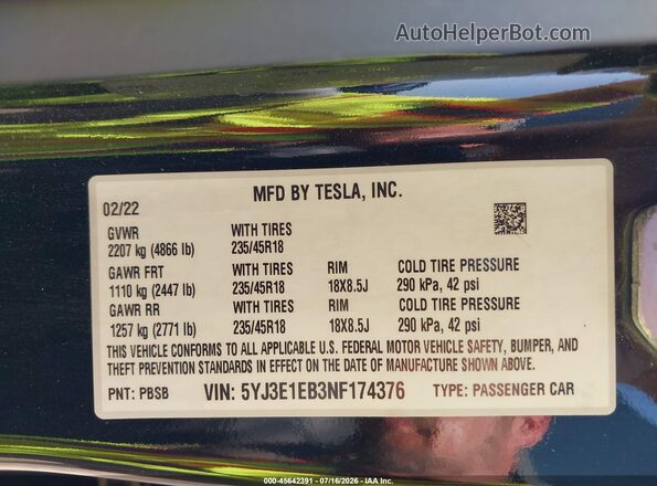 5YJ3E1EB3NF174376 2022 TESLA MODEL 3 Black Вид підкапотного простору