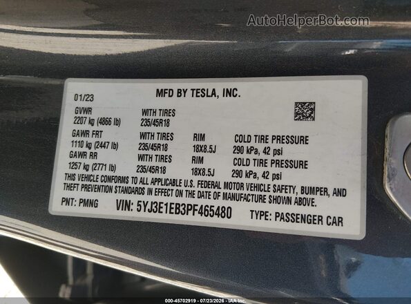 5YJ3E1EB3PF465480 2023 TESLA MODEL 3 Серый Вид подкапотного пространства