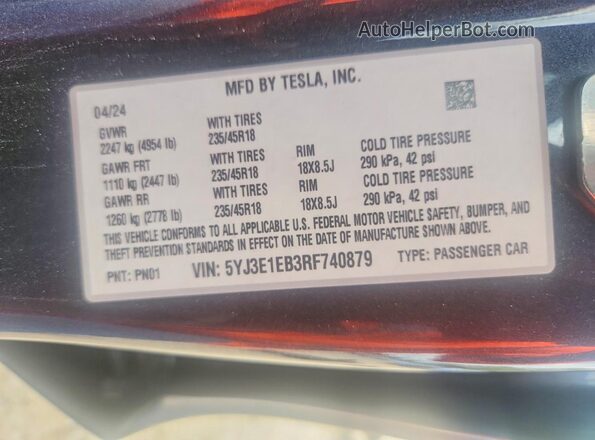 5YJ3E1EB3RF740879 2024 TESLA MODEL Gray VIN კოდის სტიკერის ხედი