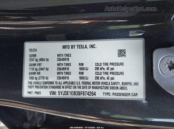 5YJ3E1EB3SF874264 2025 TESLA MODEL 3 Gray Vista del compartimento del motor