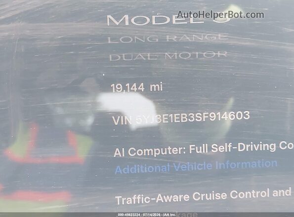 5YJ3E1EB3SF914603 2025 TESLA MODEL 3 Blue Vista interior de 360 grados