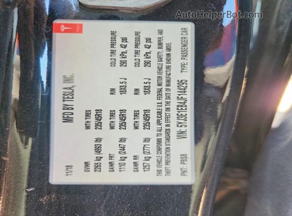 5YJ3E1EB4JF144295 2018 TESLA MODEL Black Вид наклейки з VIN-кодом