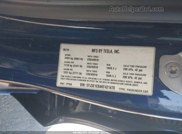 5YJ3E1EB4KF421478 2019 TESLA MODEL 3 Синий Вид подкапотного пространства