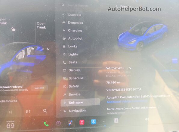 5YJ3E1EB4KF526764 2019 TESLA MODEL Blue Սարքավորումների վահանակի տեսք