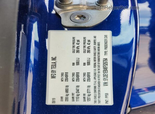 5YJ3E1EB4KF526764 2019 TESLA MODEL Blue VIN կոդի պիտակի տեսք