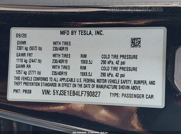 5YJ3E1EB4LF790827 2020 TESLA MODEL 3 Black ძრავის განყოფილების ხედი