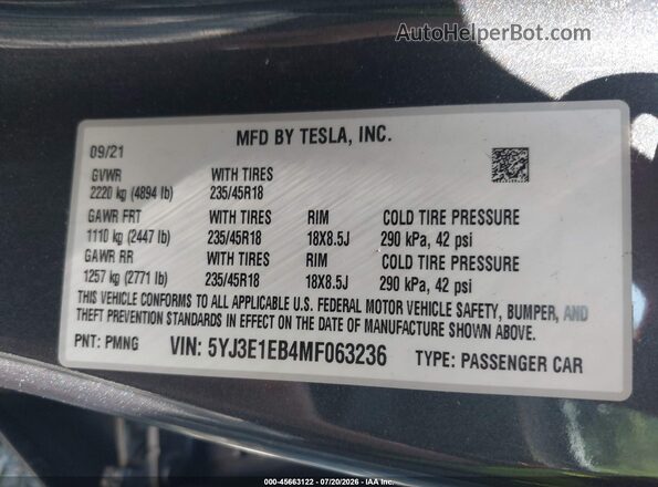 5YJ3E1EB4MF063236 2021 TESLA MODEL 3 Gray ძრავის განყოფილების ხედი