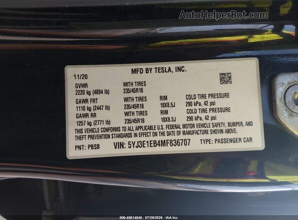 5YJ3E1EB4MF836707 2021 TESLA MODEL 3 Black ძრავის განყოფილების ხედი