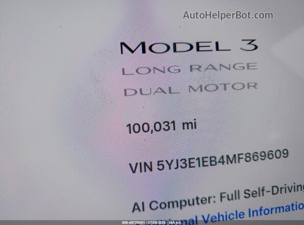 5YJ3E1EB4MF869609 2021 TESLA MODEL 3 Белый Панорамный вид салона 360°