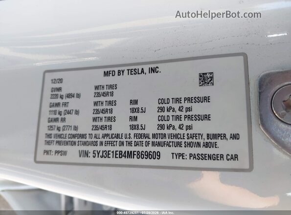 5YJ3E1EB4MF869609 2021 TESLA MODEL 3 Белый Вид подкапотного пространства