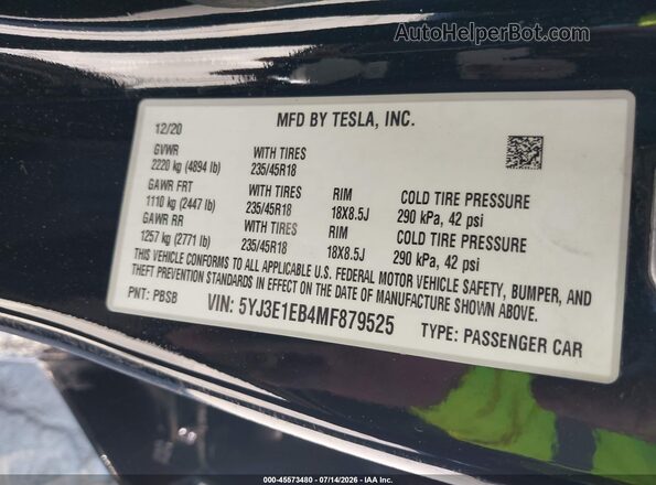 5YJ3E1EB4MF879525 2021 TESLA MODEL 3 Black ძრავის განყოფილების ხედი