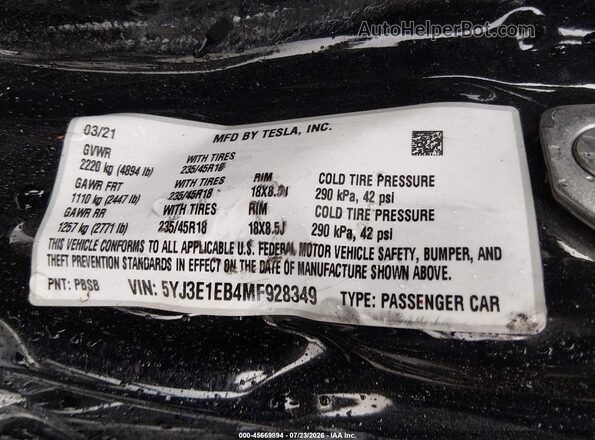 5YJ3E1EB4MF928349 2021 TESLA MODEL 3 Black Engine compartment view