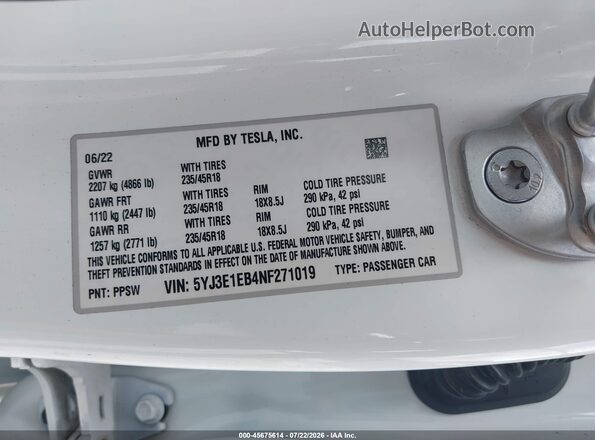 5YJ3E1EB4NF271019 2022 TESLA MODEL 3 Белый Вид подкапотного пространства