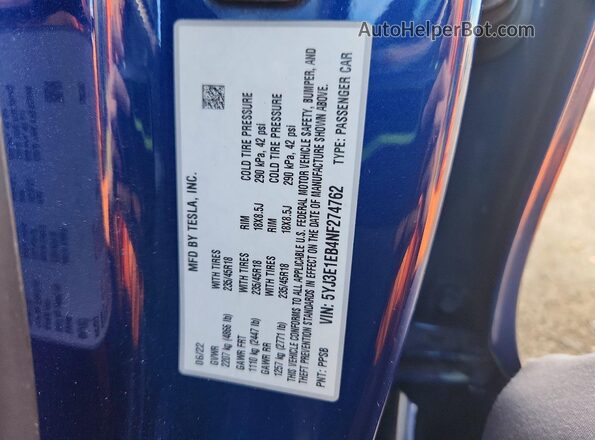 5YJ3E1EB4NF274762 2022 TESLA MODEL Blue Widok naklejki z numerem VIN