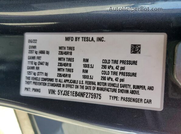 5YJ3E1EB4NF275975 2022 TESLA MODEL Gray VIN կոդի պիտակի տեսք