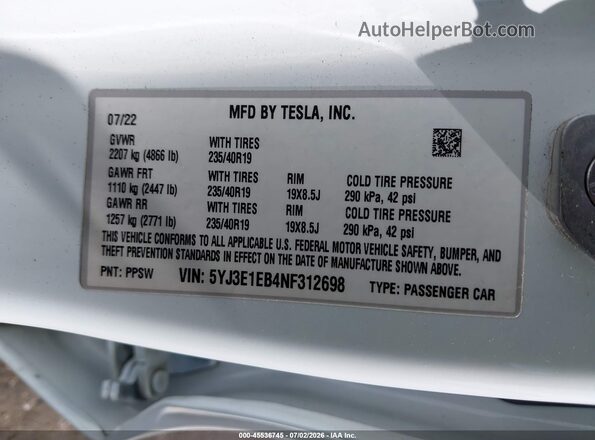 5YJ3E1EB4NF312698 2022 TESLA MODEL 3 White Շարժիչի բաժամունքի տեսք