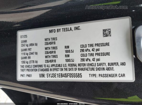 5YJ3E1EB4SF055585 2025 TESLA MODEL 3 Gray Շարժիչի բաժամունքի տեսք