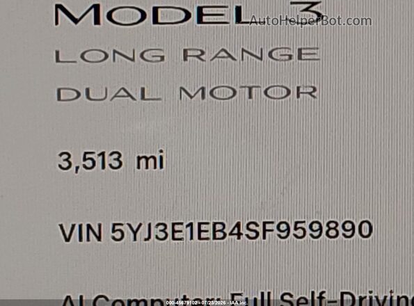 5YJ3E1EB4SF959890 2025 TESLA MODEL 3 Gray 