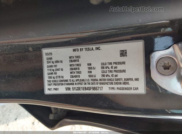 5YJ3E1EB4SF986717 2025 TESLA MODEL 3 Gray Widok komory silnika
