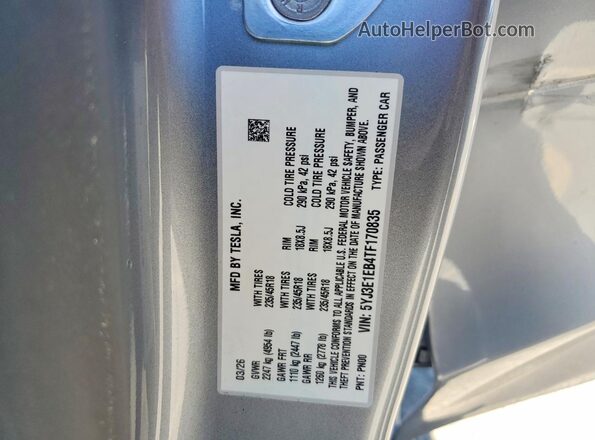 5YJ3E1EB4TF170835 2026 TESLA MODEL Silver Engine compartment view