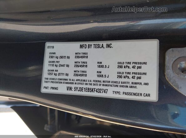 5YJ3E1EB5KF432747 2019 TESLA MODEL 3 Gray ძრავის განყოფილების ხედი