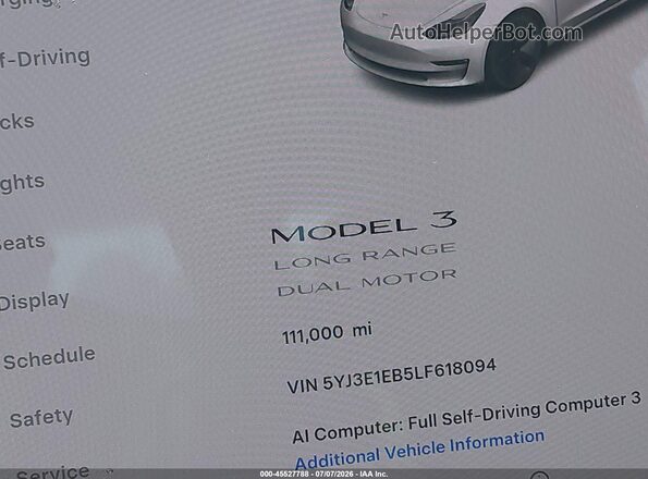5YJ3E1EB5LF618094 2020 TESLA MODEL 3 White 