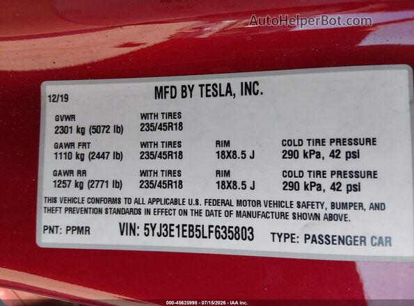 5YJ3E1EB5LF635803 2020 TESLA MODEL 3 Red Widok komory silnika