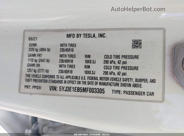 5YJ3E1EB5MF003305 2021 TESLA MODEL 3 White Widok komory silnika