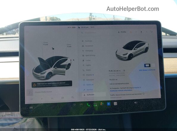 5YJ3E1EB5MF003305 2021 TESLA MODEL 3 White Widok tylnych siedzeń