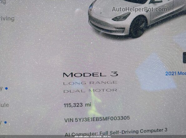 5YJ3E1EB5MF003305 2021 TESLA MODEL 3 White Widok wnętrza 360 stopni