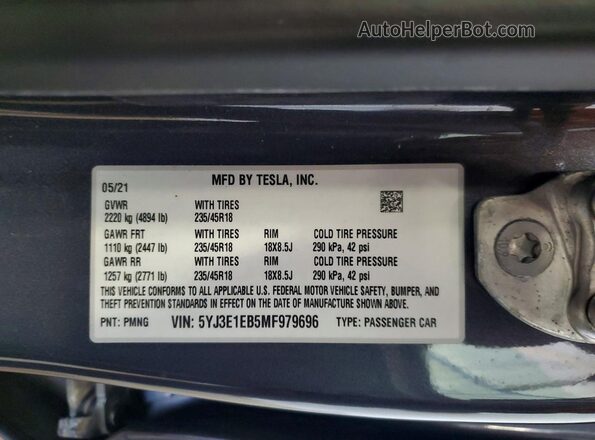 5YJ3E1EB5MF979696 2021 TESLA MODEL Gray Vista del compartimento del motor
