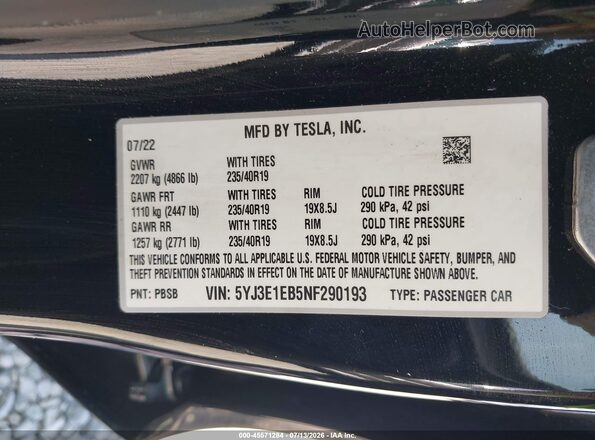 5YJ3E1EB5NF290193 2022 TESLA MODEL 3 Black Вид підкапотного простору
