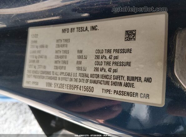 5YJ3E1EB5PF415650 2023 TESLA MODEL 3 Синий Вид подкапотного пространства