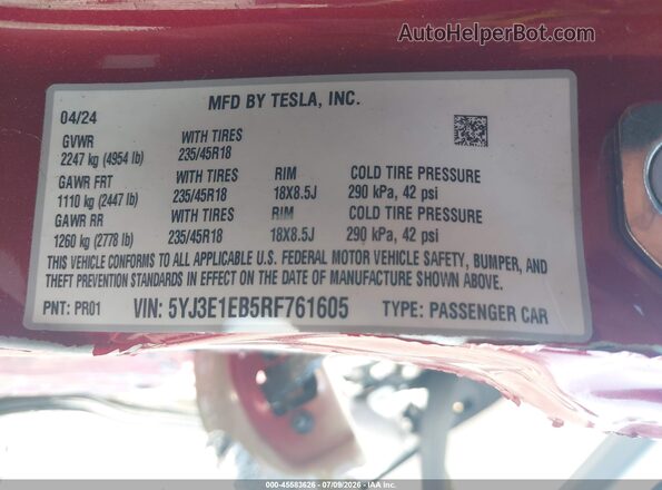 5YJ3E1EB5RF761605 2024 TESLA MODEL 3 Red ძრავის განყოფილების ხედი