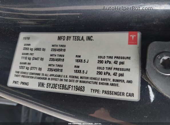 5YJ3E1EB6JF119463 2018 TESLA MODEL 3 Gray Շարժիչի բաժամունքի տեսք