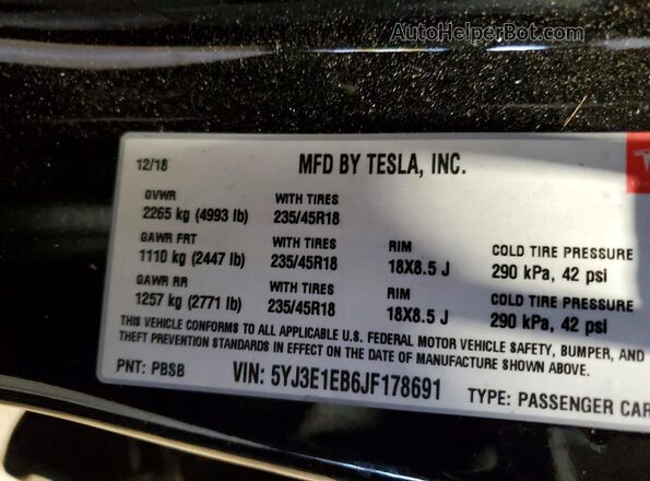 5YJ3E1EB6JF178691 2018 TESLA MODEL Black Вид підкапотного простору