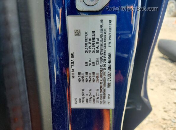 5YJ3E1EB6LF668566 2020 TESLA MODEL Blue Widok komory silnika