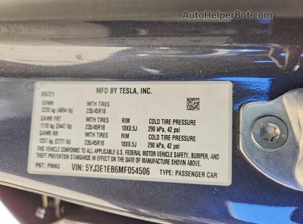 5YJ3E1EB6MF054506 2021 TESLA MODEL Gray Widok naklejki z numerem VIN