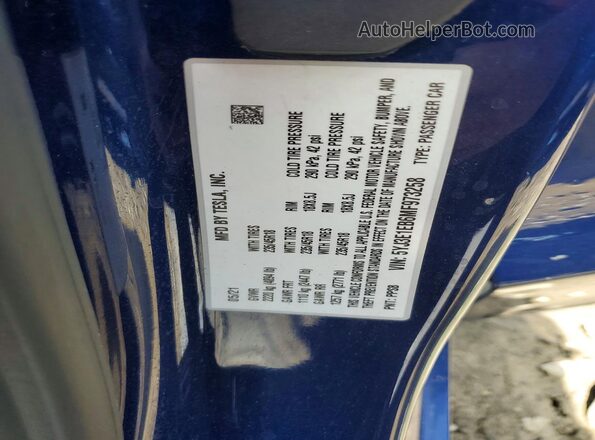 5YJ3E1EB6MF973258 2021 TESLA MODEL Blue VIN კოდის სტიკერის ხედი