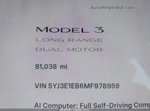 5YJ3E1EB6MF978959 2021 TESLA MODEL 3 White 