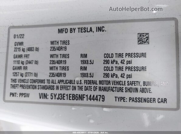 5YJ3E1EB6NF144479 2022 TESLA MODEL 3 White Engine compartment view