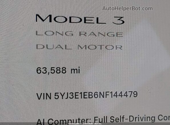 5YJ3E1EB6NF144479 2022 TESLA MODEL 3 White 