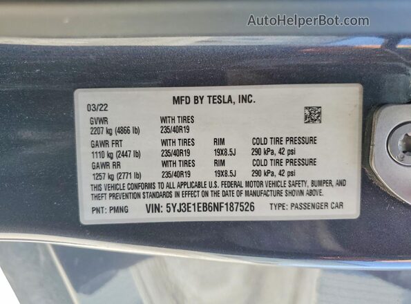 5YJ3E1EB6NF187526 2022 TESLA MODEL Charcoal Вид підкапотного простору